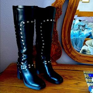 Black Studded Knee-High Boots
